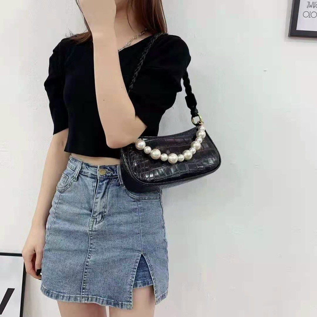Túi đeo vai kẹp nách nữ da rắn dây ngọc phong cách trẻ trung cá tính CV74
