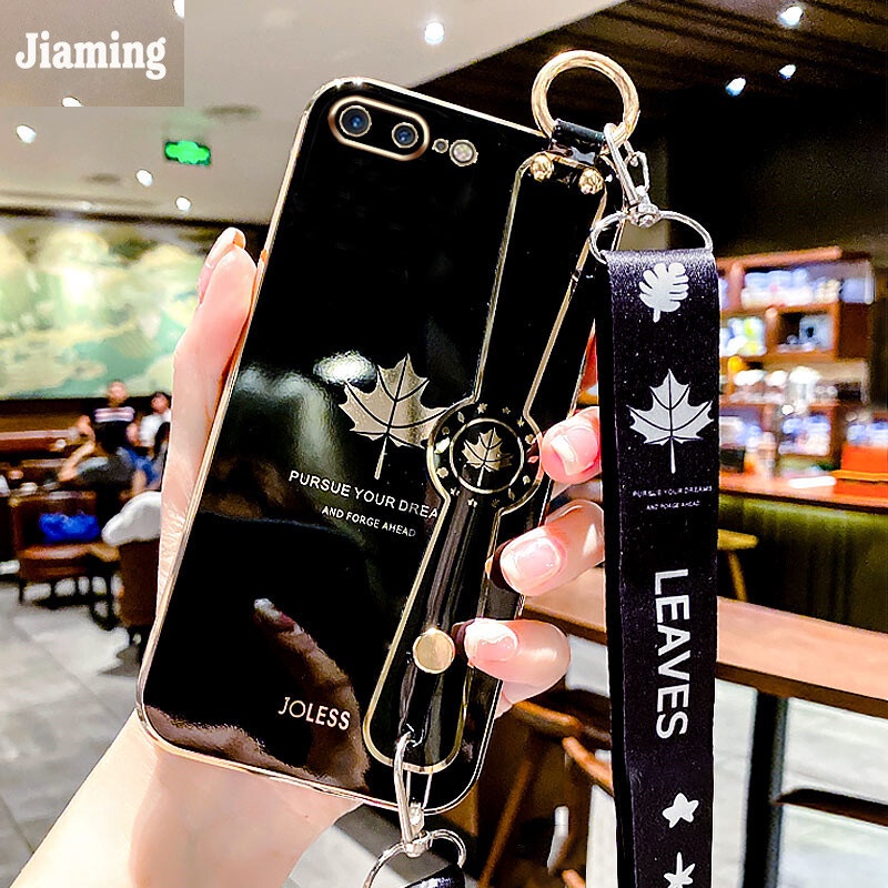 Ốp Điện Thoại Mạ Điện Họa Tiết Lá Phong Có Dây Đeo Cho iPhone 8 Plus 7 Plus 6 6S Plus SE 2020