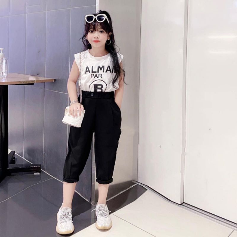 Set Bộ Bé Gái Sành Điệu 💥 Áo Pull Balman + Quần Baggy Lửng Chất Đũi Xước Siêu Mát (10-36kg)
