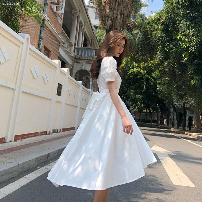 2021 new summer skirt retro palace style puff sleeve front short back long white dress ladies trendy