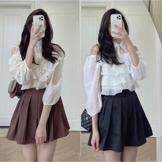 Set Đồ TIỂU THƯ MAYCHA SET 3 món gồm áo sơmi tơ áo hai dây& chân váy xếp li chất vải dày dặn form chuẩn style ullzang