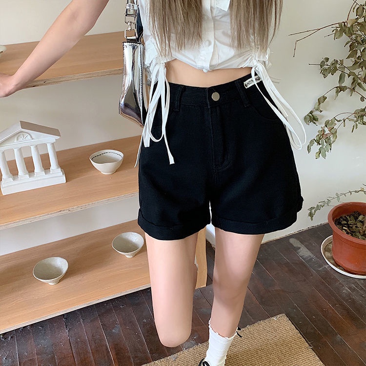 Quần short denim IELGY dáng chữ A ống rộng lưng cao nhiều màu thời trang cho nữ