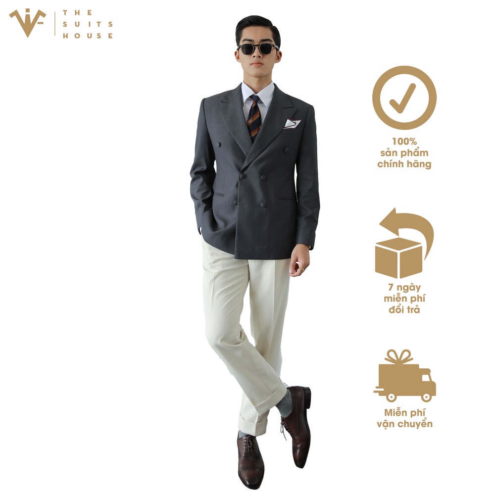 Bộ vest nam xám phối trắng kem 2 túi 6 khuy, suits sartorial chất cotton pha poly The Suits House