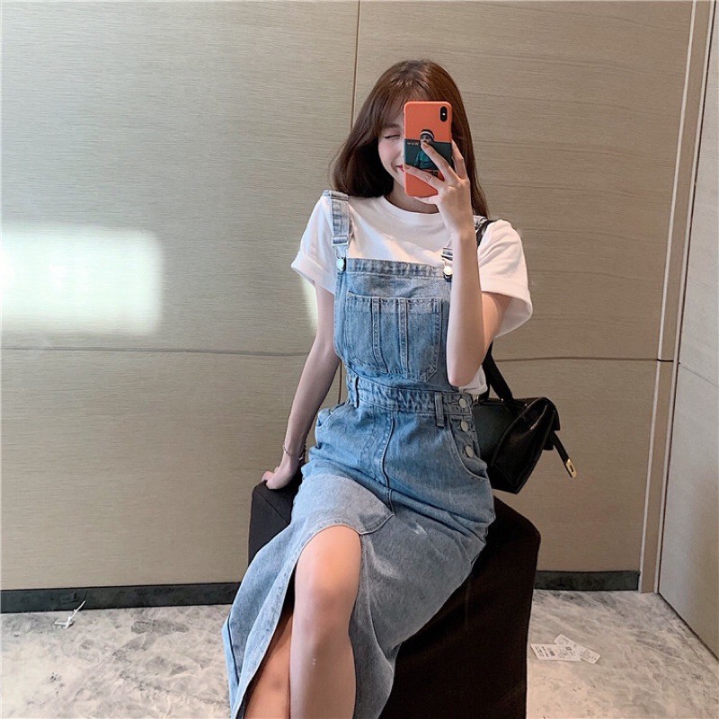 Váy yếm bò jeans ulzzang xẻ tà trước giành cho nữ