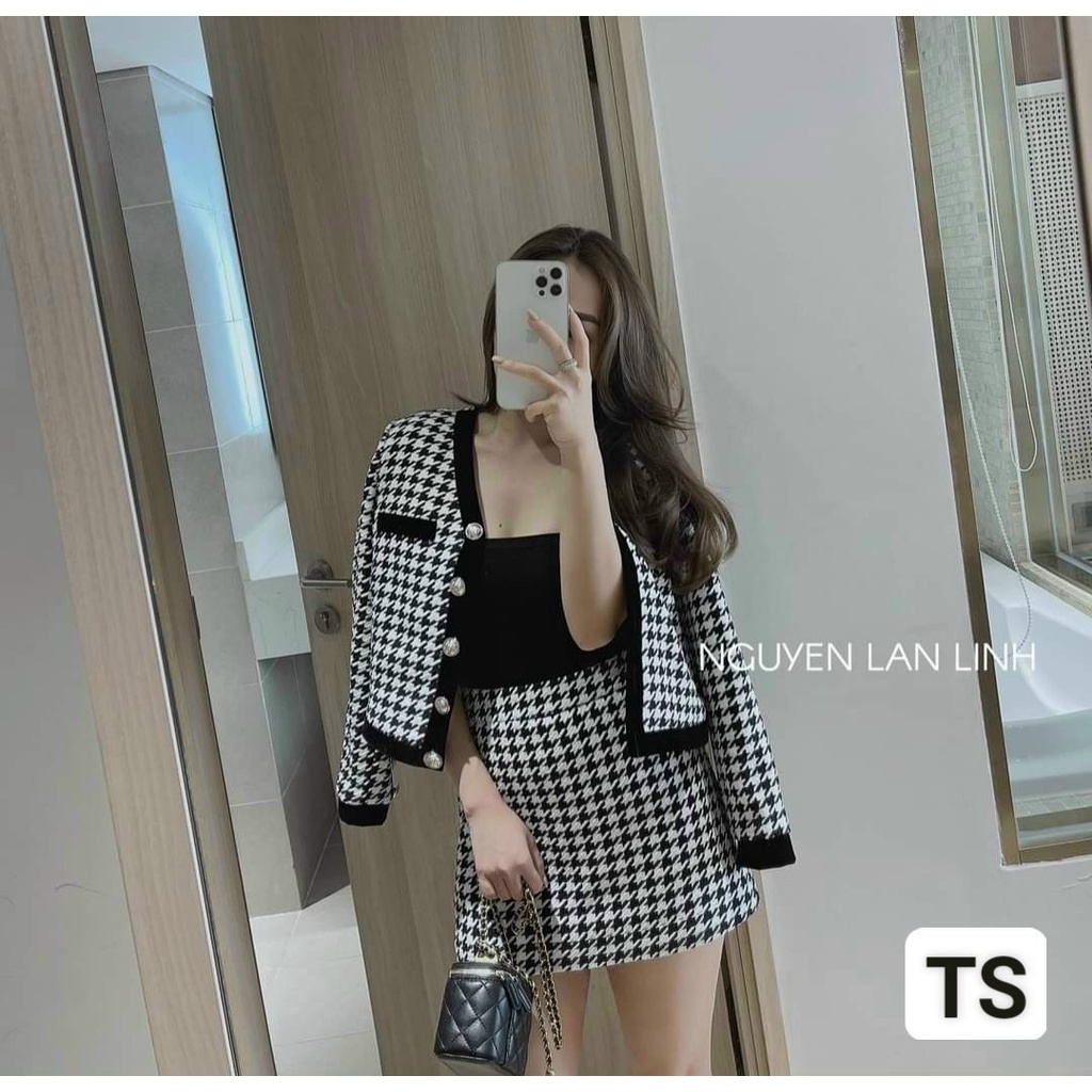 Set áo dạ ziczac kèm chân váy chữ A sang trọng cá tính