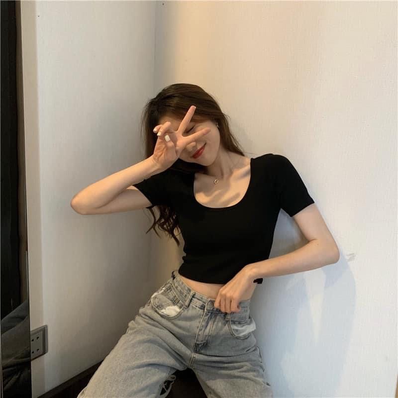 Áo Cổ vuông tay ngắn croptop thun nữ cao cấp đen trắng đẹp tuyệt trẻ trung năng động xịn xò tình yêu năng động tự tin
