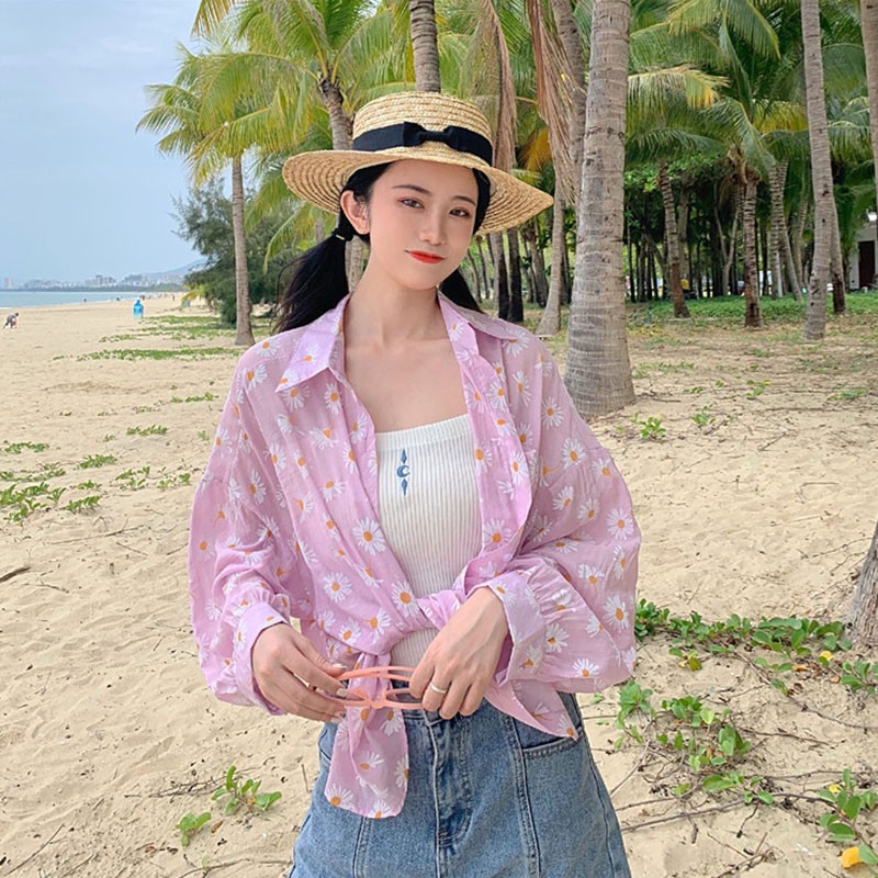 Women Small Daisy Shirt Long-sleeved Sunscreen Thin Printed Shirt | BigBuy360 - bigbuy360.vn