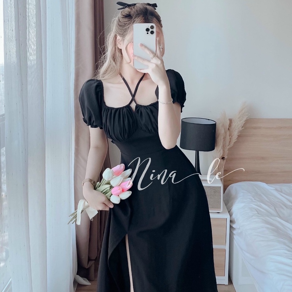 Đầm Đen Dự Tiệc,váy Midi Dáng Xòe Xẻ Tà Thiết Kế Tay Phồng Trễ Vai Ôm Body Sang Chảnh Thời Trang Xm Minh Phúc