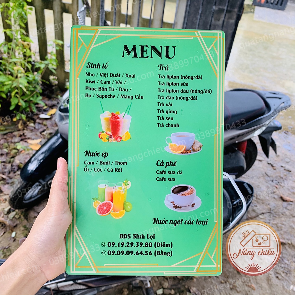 Menu đồ uống nước ép cho tiệm cà phê thiết kế nội dung theo yêu cầu - Chất liệu mica sáng bóng - Size 17x27cm