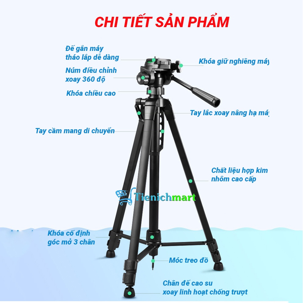 Tripod điện thoại, chân máy ảnh Weifeng WT-3540 cao 1,6m khung nhôm, chụp ảnh quay phim livestream - Tặng kẹp điện thoại