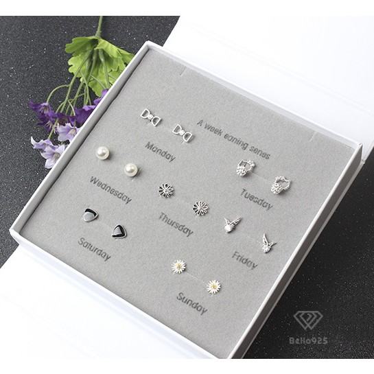 Bông tai bạc Bella 925 bộ 7 ngày hàng hộp trắng sang trọng