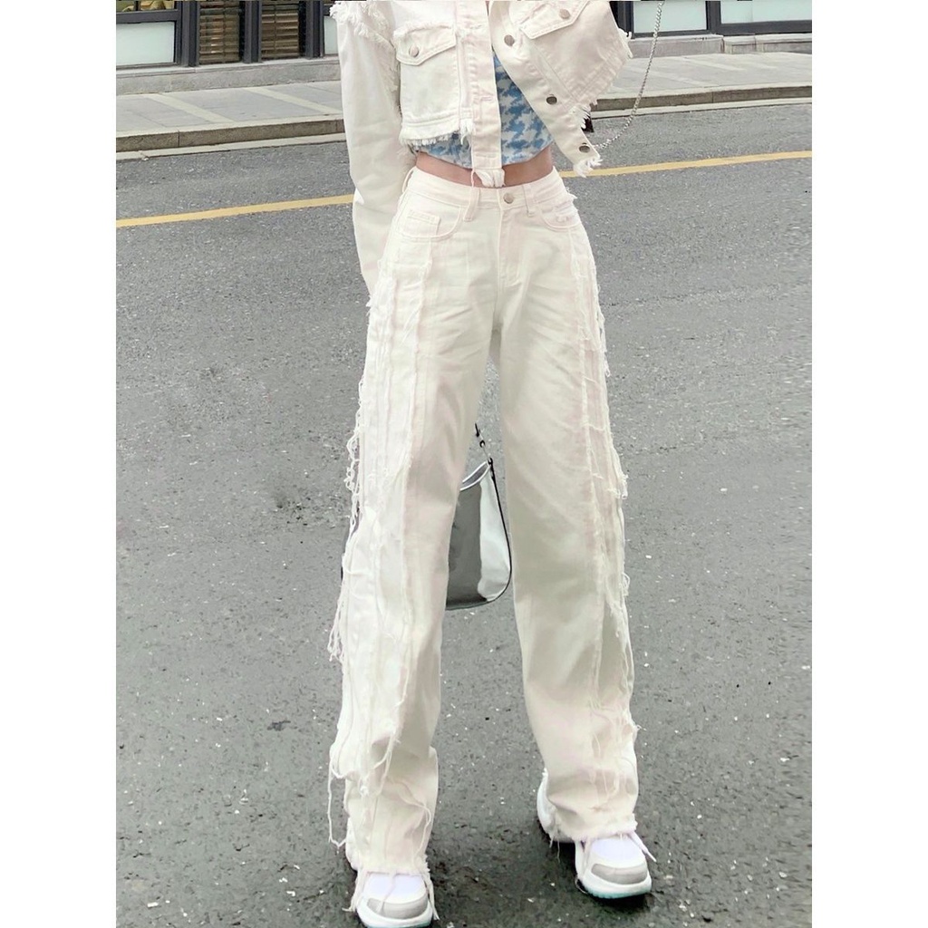  Quần jean ống rộng suông lưng cao màu trắng thời trang mùa thu 2021 cho nữ