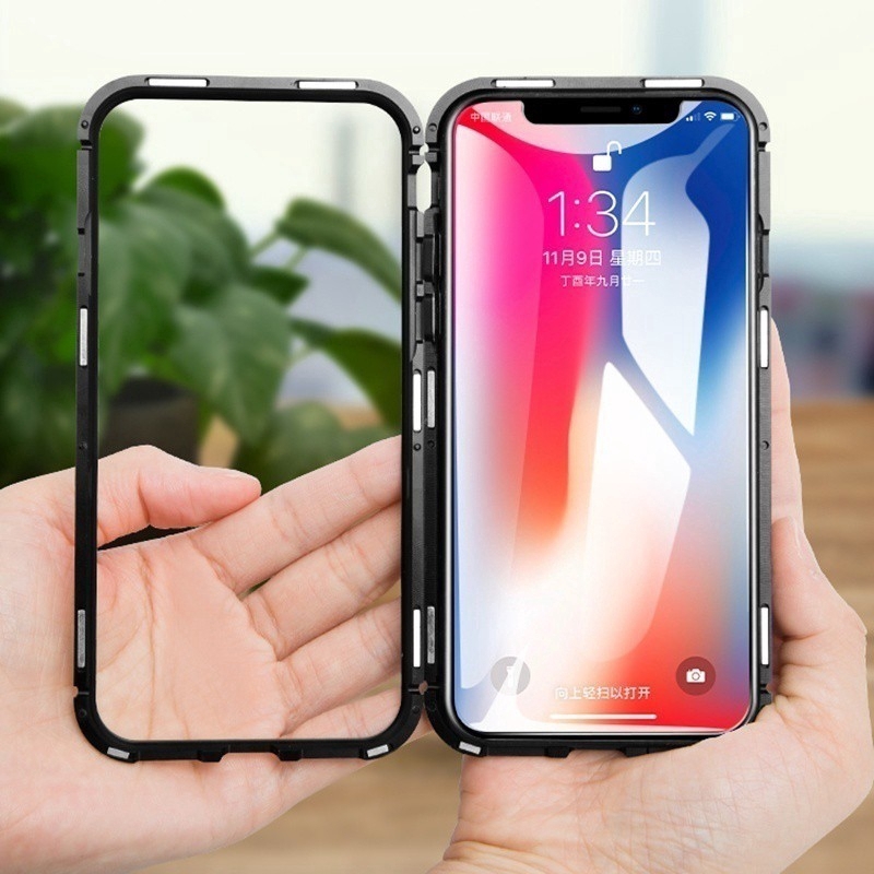 Ốp lưng mặt kính viền khung nhôm kim loại có từ tính thời trang dành cho iPhone 6 6s X 8 7 Plus