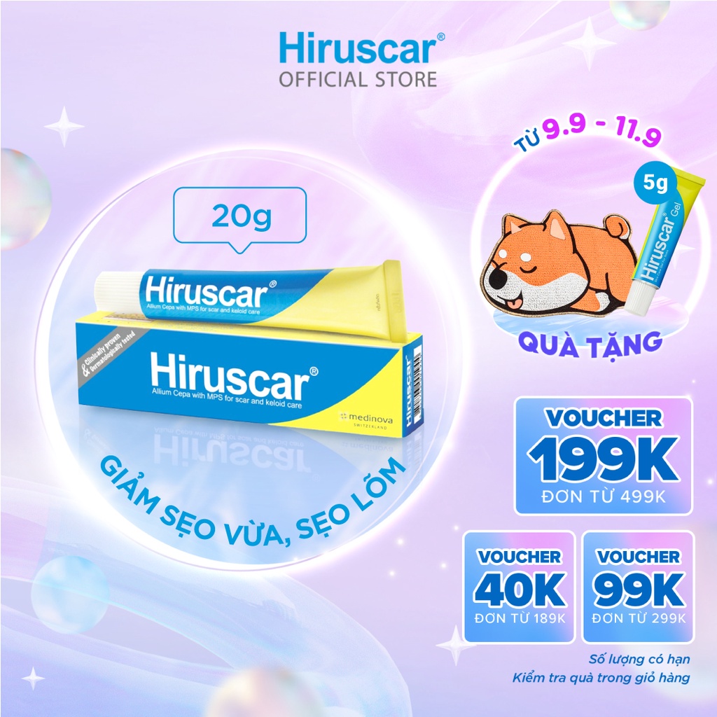 Gel cải thiện sẹo vừa, sẹo lõm, sẹo thâm Hiruscar Gel 20g