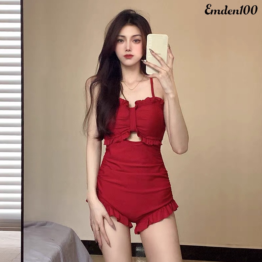 Bộ Đồ Bơi Một Mảnh Hai Dây Phối Bèo Hở Lưng Thời Trang Đi Biển Cho Nữ