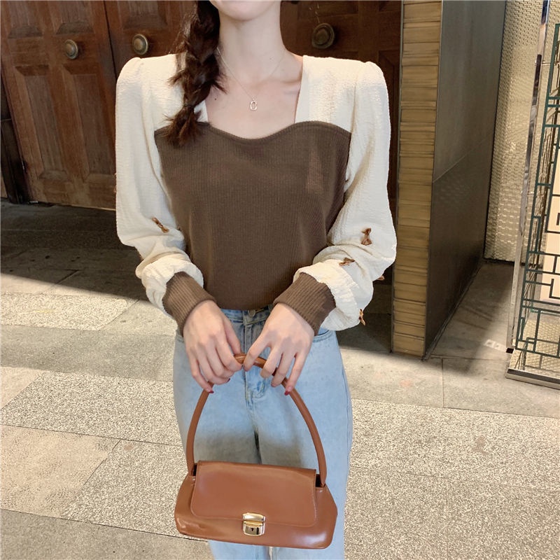 Áo kiểu tay dài cổ vuông thiết kế mới thời trang theo phong cách pháp dành cho nữ