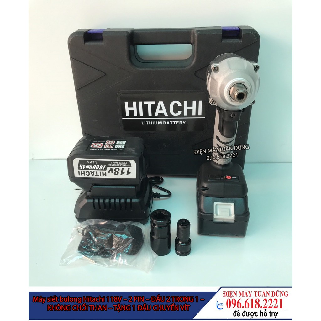 Máy xiết bulong Hitachi 118v - 2 PIN - Đầu 2 trong 1 - KHÔNG CHỔI THAN - TẶNG 1 ĐẦU CHUYỂN VÍT