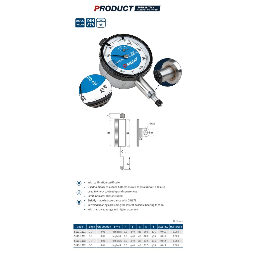 Đồng hồ so cơ khí chống sốc DASQUA 5121-1201 (0-3mm/0.01mm)
