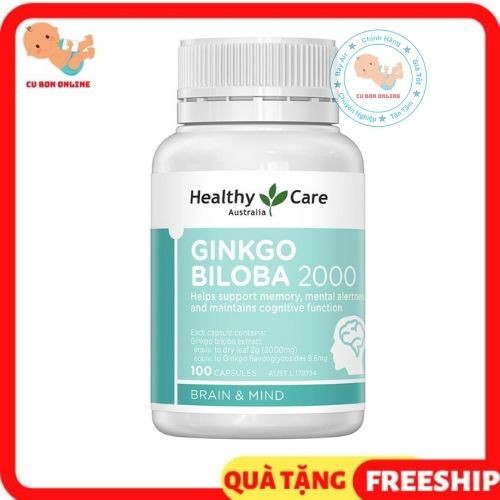 Viên bổ não hộp 100v ÚC tuần hoàn máu não, trí nhớ cho bé từ 12 tuổi và người già Healthy Care Ginkgo Biloba 2000mg