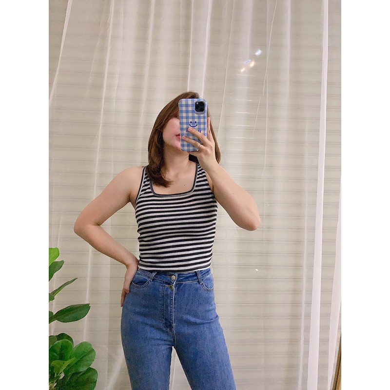 Áo croptop nữ chất cotton, áo ba lỗ cộc tay kiểu ôm vải co giãn Thun gân đũa màu sọc