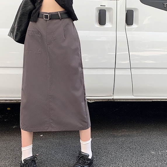 SUXI Chân Váy Dài Dáng Chữ A Lưng Cao Màu Sắc Đơn Giản Phong Cách Hàn Quốc
