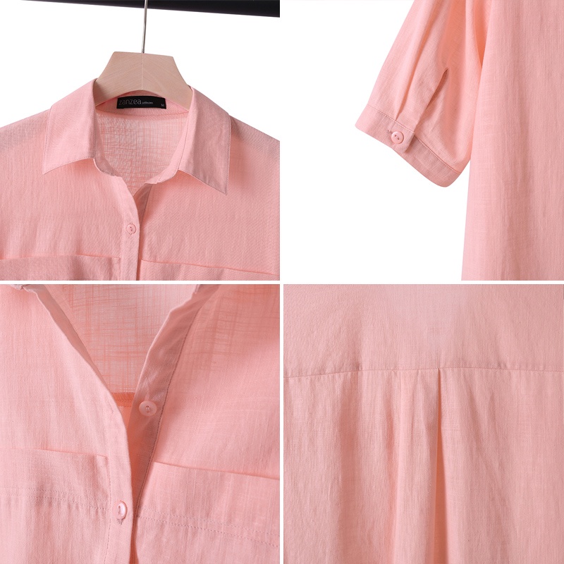 Áo sơ mi ZANZEA tay lửng cổ bẻ màu trơn thời trang Hàn Quốc cho nữ