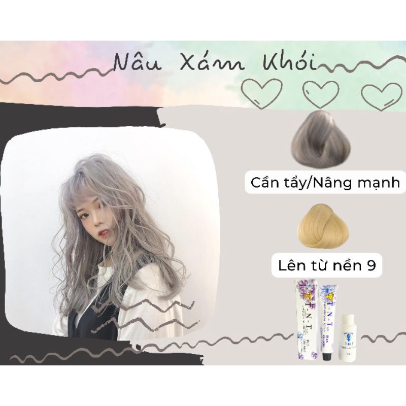Thuốc nhuộm tóc TNT màu Xám Khói,thể tích 100ml mùi thơm chống rát xót,cần tẩy lên từ nền 9 tặng kèm oxy trợ dưỡng