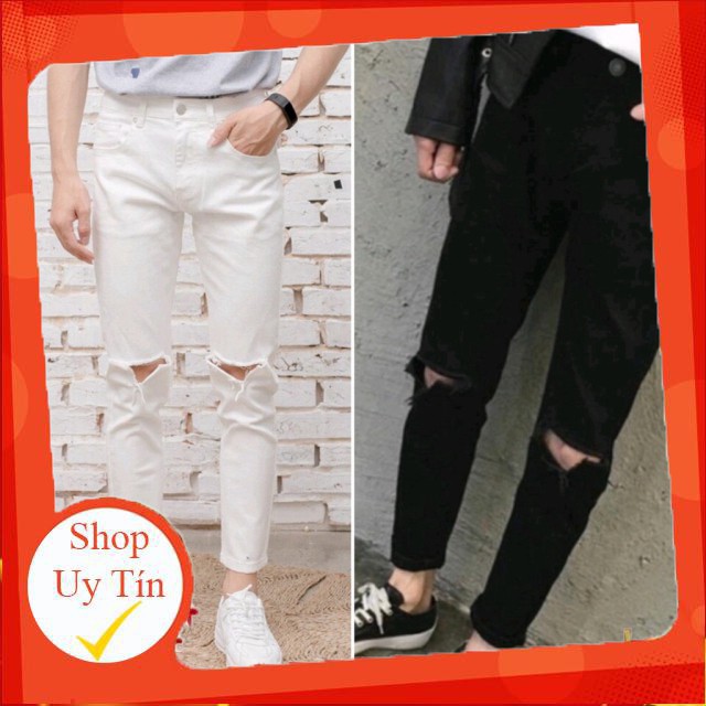 Hàng nhập khẩu Quần Jeans Nam Đen Trắng Rách Gối Xẻ V Có Size Lớn 34 36 ki lô Liên hệ mua hàng 084.209.1989