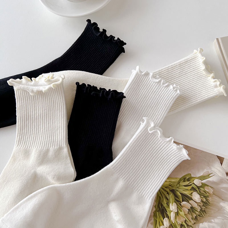 Tất cổ cao nữ bèo nhún màu trơn basic thời trang Vintage Hàn Quốc vớ nữ cổ cao chất Cotton cao cấp kháng khuẩn TD060