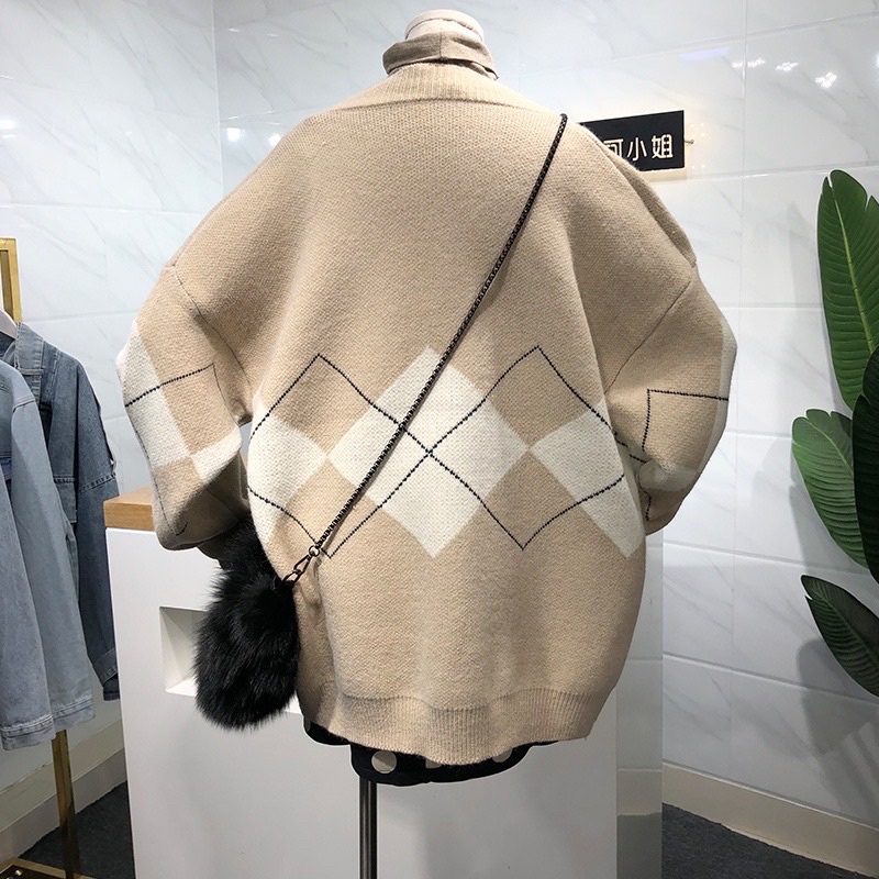 Áo Cardigan len mỏng Tay Dài Cổ Chữ V Họa Tiết thổ cẩm, cảdigan kim cương oversize hai màu đen be - shopbelinh