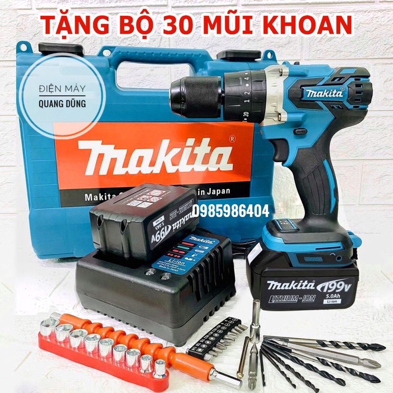 Máy Khoan Pin Makita 198V Không Chổi Than Có Búa, Pin 10 CELL AutoLock 13 Ly - Khoan,Bắt Vít,Bắn tôn - Tặng Full Phụ Kện