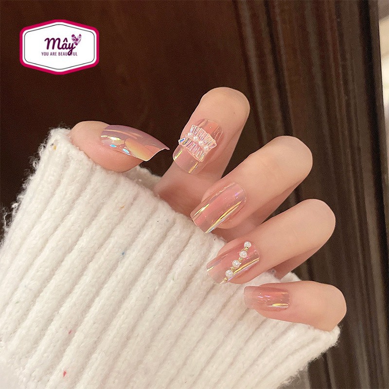 Set 24 móng tay giả tráng gương đính charm ngọc ánh kim đẹp lung linh NT01