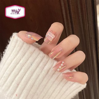Set 24 móng tay giả tráng gương đính charm ngọc ánh kim đẹp lung linh NT01