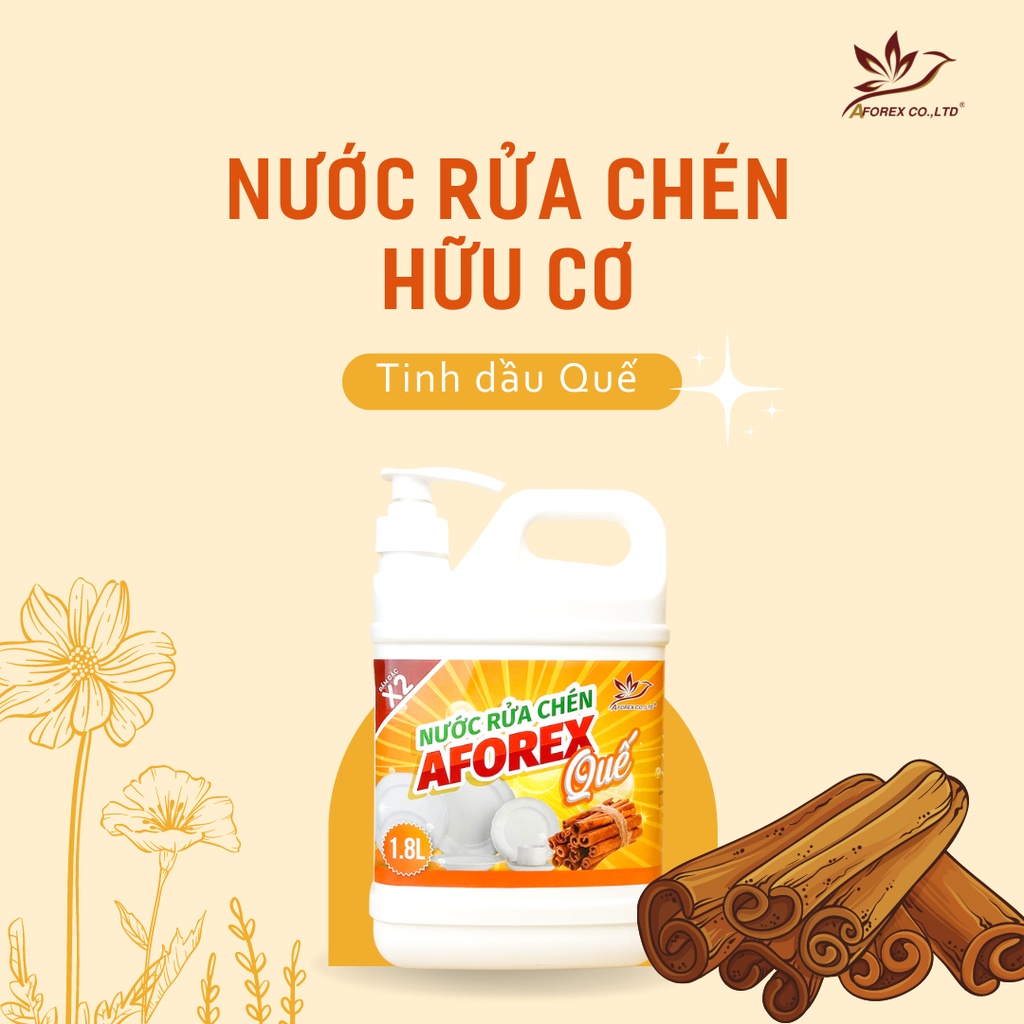 Nước rửa chén bát đĩa AFOREX từ bồ hòn và tinh dầu Quế tự nhiên 1.8L