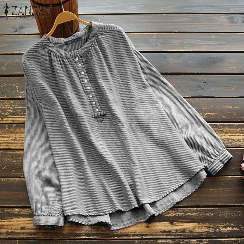 ZANZEA Áo sơ mi bằng vải lanh tay dài dáng rộng phối nút và họa tiết sọc cho phái nữ