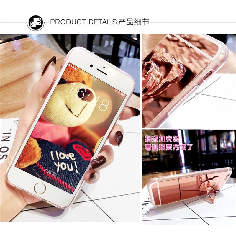 Samsung Galaxy S6 Edge Plus Note 5 8 9 Ốp điện thoại tráng gương kèm móc đứng mặt gấu đáng yêu cho điện thoại