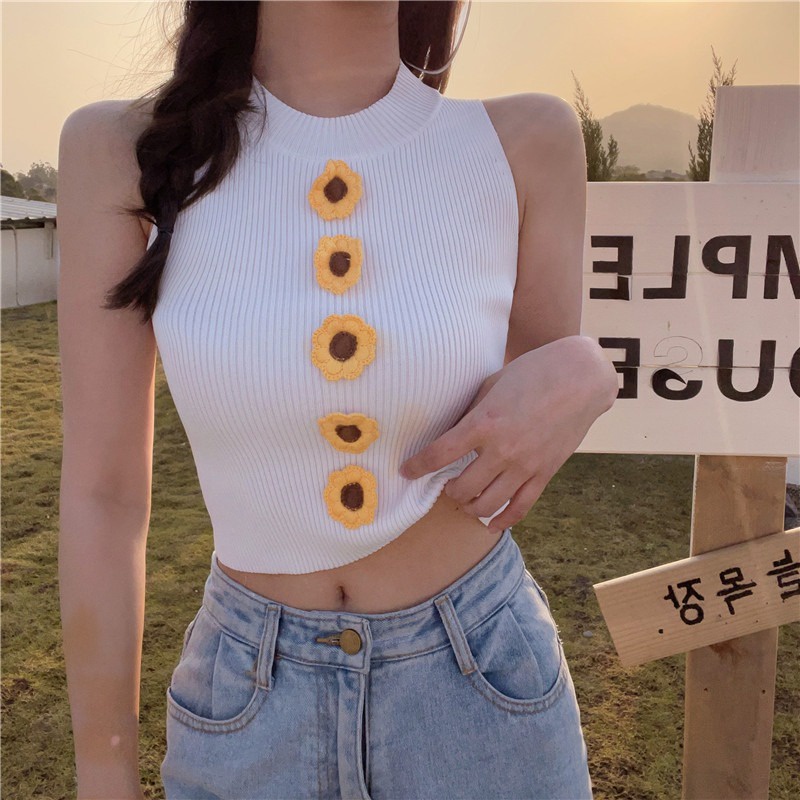 【ZHELIHANGFEI】 / Áo Hai Dây Dệt Kim Họa Tiết Hoa Ba Chiều Gợi Cảm