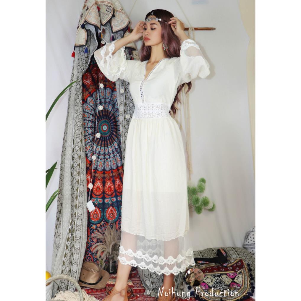 40-70KG Đầm Váy Bohemian maxi vintage trắng dáng xòe dài suông rộng đi biển đẹp xinh rẻ độc lạ tay lỡ bigsize