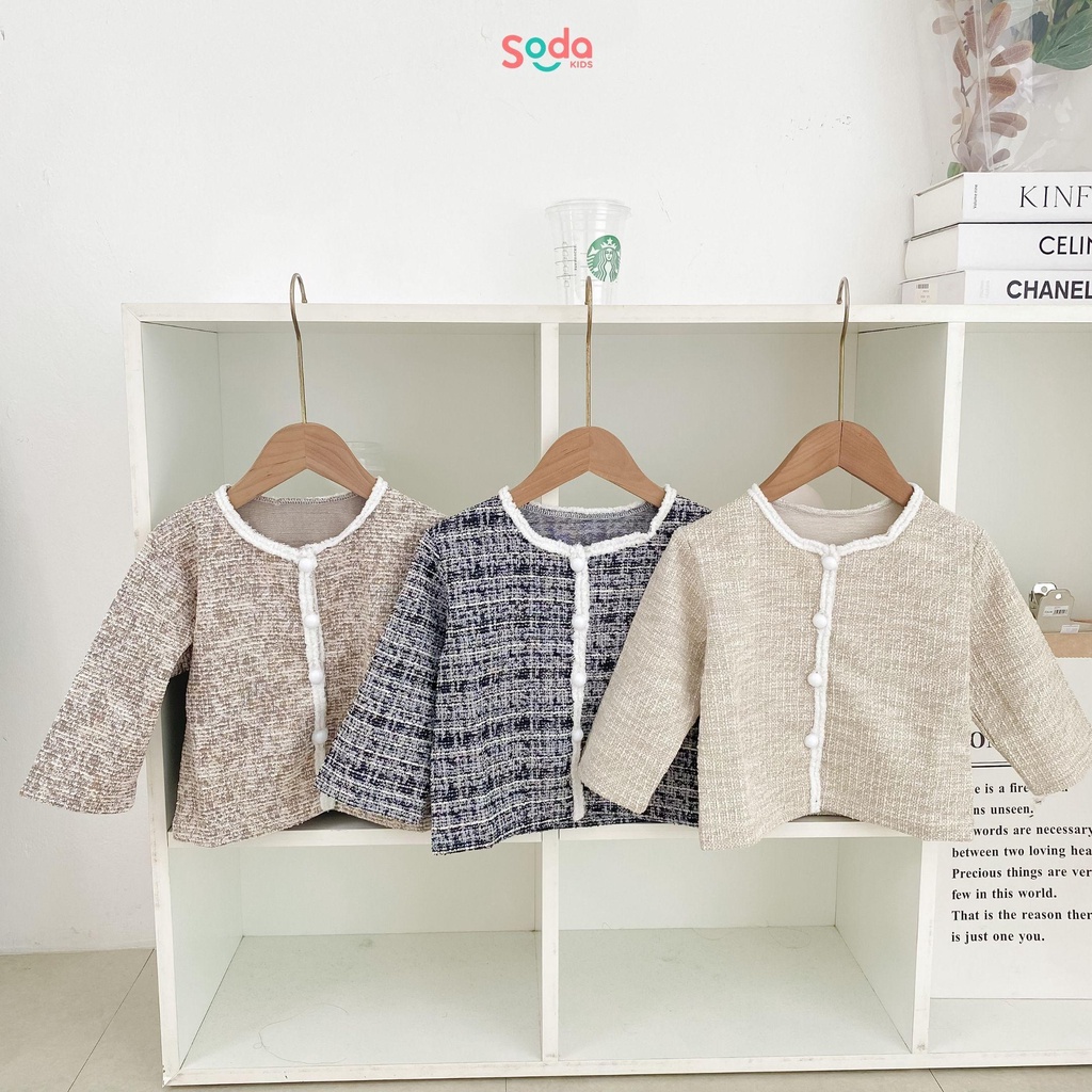 Áo khoác dạ tweed bé gái, thiết kế viền trắng cổ tròn, dạ mềm phong cách tiểu thư Hàn Quốc