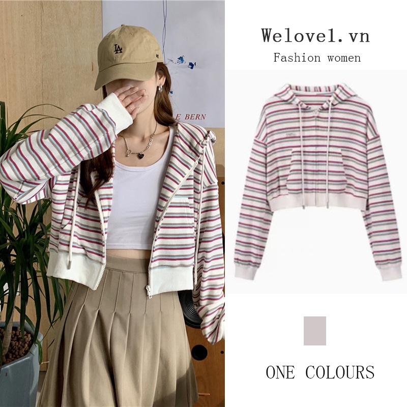 Áo Khoác cardigan Có Nón Dáng Rộng Ngắn Họa Tiết Kẻ Sọc Thời Trang Mùa Thu 2022 Mới