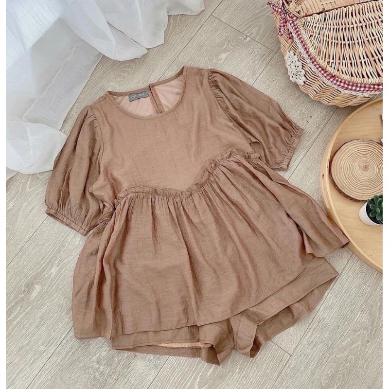 set babydoll nâu phối bèo + short