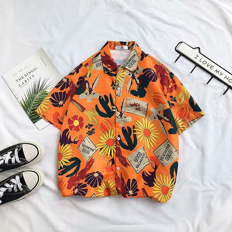 Men's Hawaiian style sunflower print short sleeve shirt bẻ