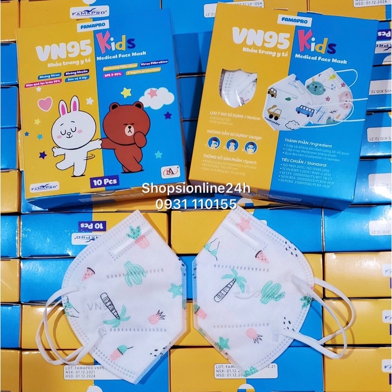 ✅ Hộp 10 cái khẩu trang y tế cho bé VN95 , N95 Famapro Nam Anh chính hãng họa tiết cây xương rồng , dừa