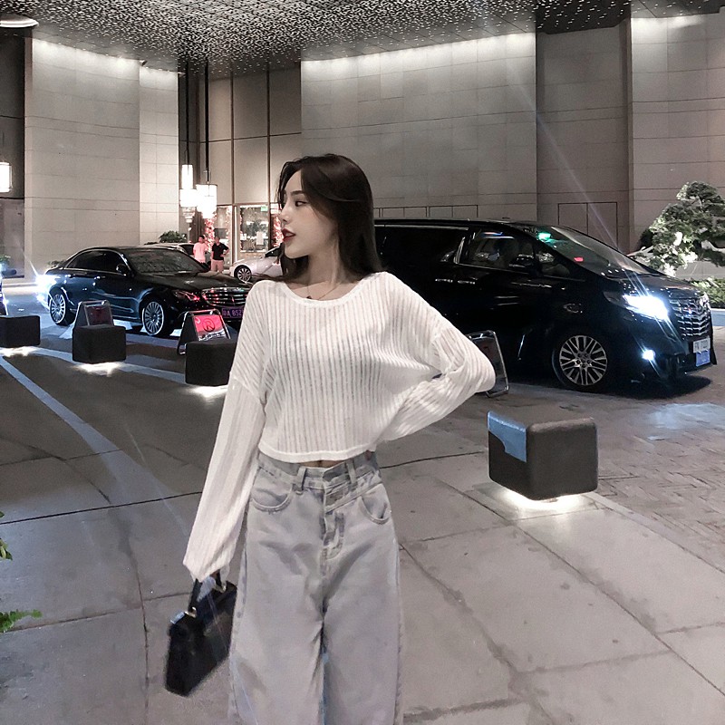 Áo croptop dệt kim dài tay cổ tròn dáng rộng phong cách Hàn Quốc | BigBuy360 - bigbuy360.vn