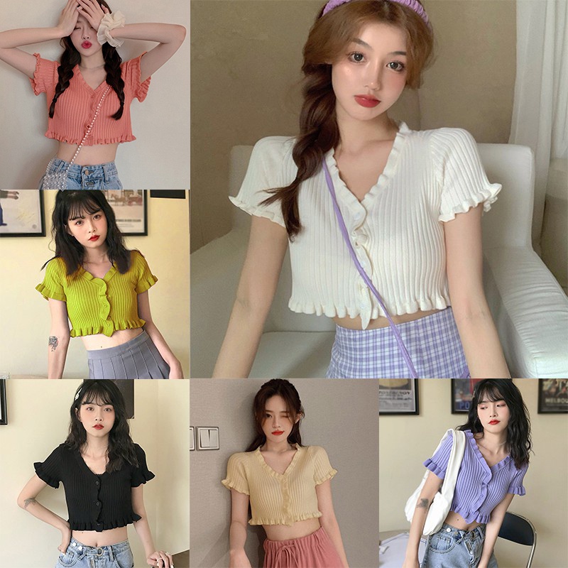 Áo Len Nữ Tay Ngắn Cổ Chữ V Thời Trang Quyến Rũ