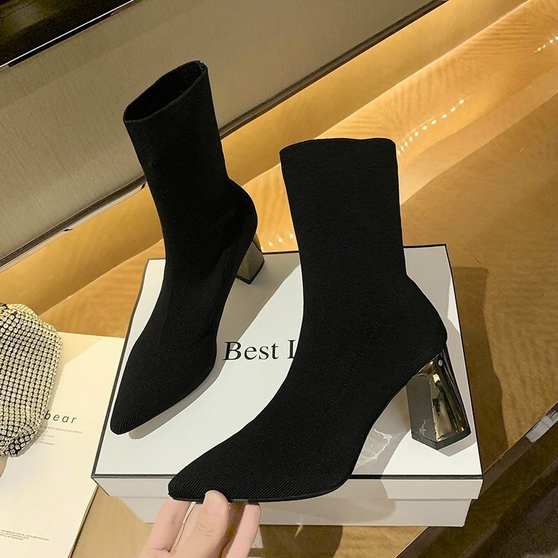 Giày boots nữ len cổ lửng đế tráng Gương Cao Cấp , bốt nữ cao gót 7cm cổ chun thời trang Mới | BigBuy360 - bigbuy360.vn