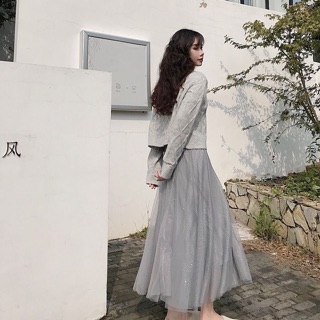 (Kèm ảnh thật) Set áo len + chân váy voan dài