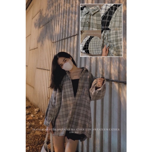 (Ảnh thật) Áo sơmi dạ kẻ caro tay bồng oversize the.sweaterweather TSW