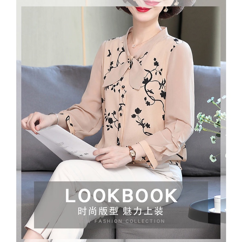 Áo sơ mi chiffon tay dài dáng rộng thời trang cho phụ nữ trung niên