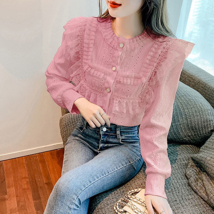 Áo Kiểu Tay Dài Cổ Tròn Phối Ren Phong Cách Hàn Quốc